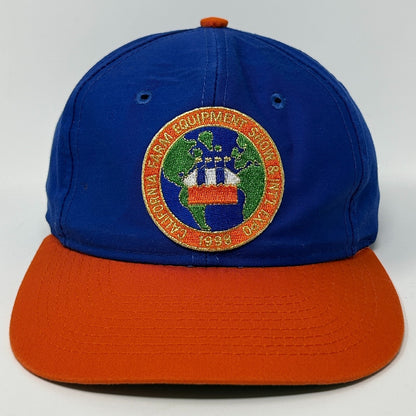 Vintage Hat in blue and orange with embroidered California Farm Equipment logo on front