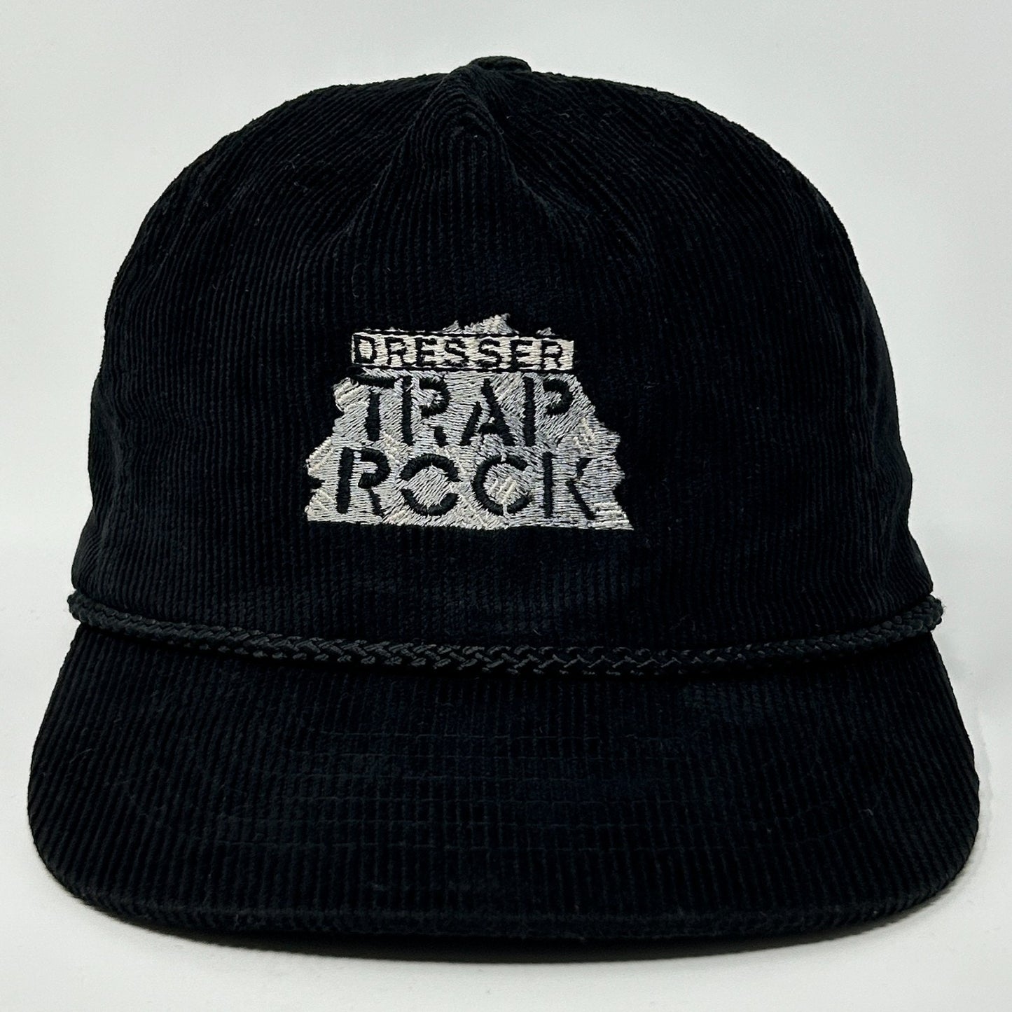 Black Vintage Hat with Dresser Trap Rock Logo and Corded Detail, Front View