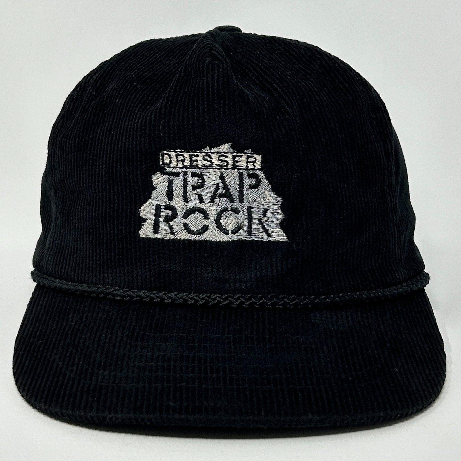 Black Vintage Hat with Dresser Trap Rock Logo and Corded Detail, Front View