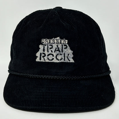 Black Vintage Hat with Dresser Trap Rock Logo and Corded Detail, Front View