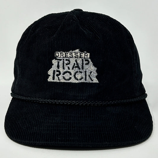 Black Vintage Hat with Dresser Trap Rock Logo and Corded Detail, Front View