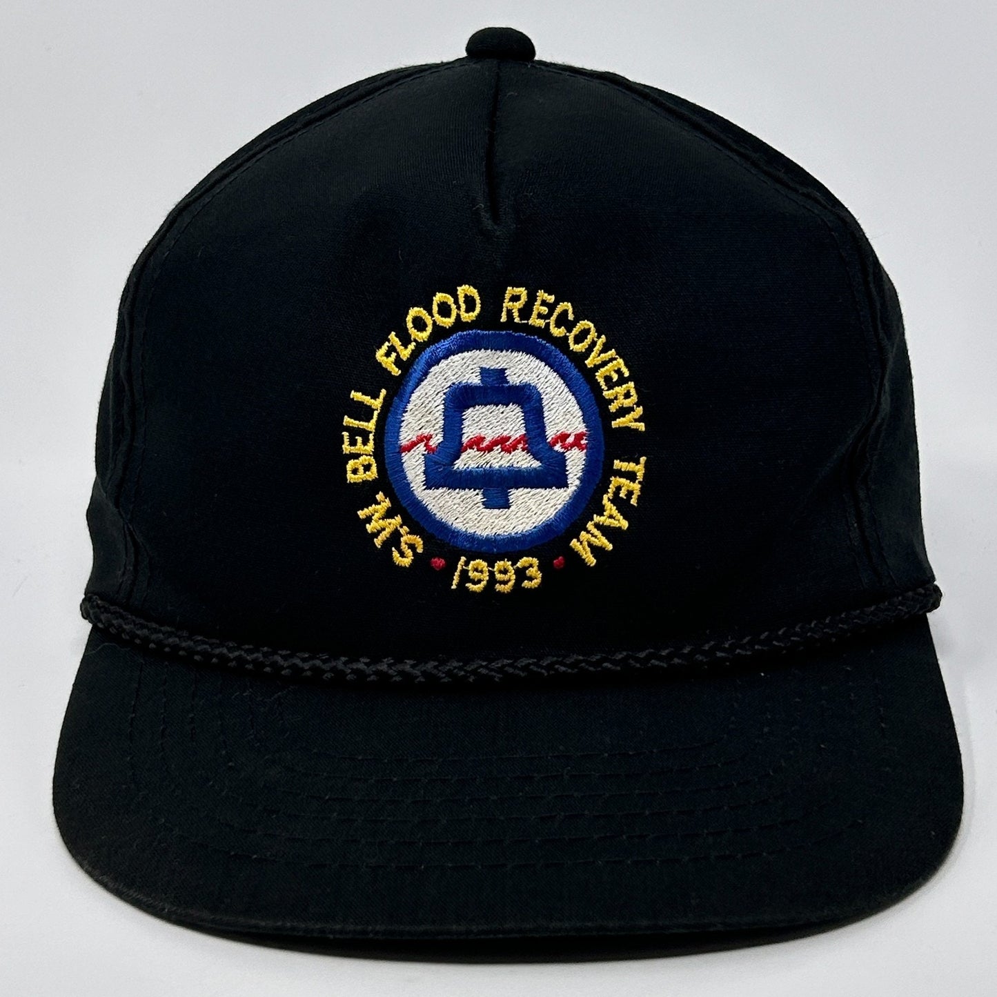 Black Vintage Hat featuring embroidered Flood Recovery Team logo from 1993, front view