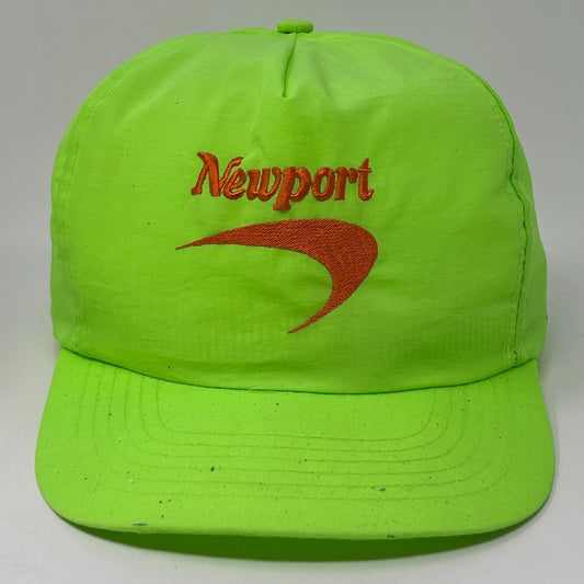 Front view of a neon green vintage hat from Newport with embroidered logo