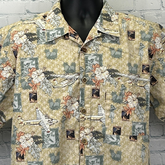 Ocean Pacific Hawaiian Shirt in beige with floral and airplane print, featuring a button-up front and unique vintage design