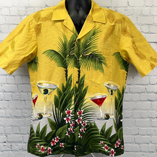 RJC Hawaiian Shirt in yellow with palm tree and cocktail design, front view, size large