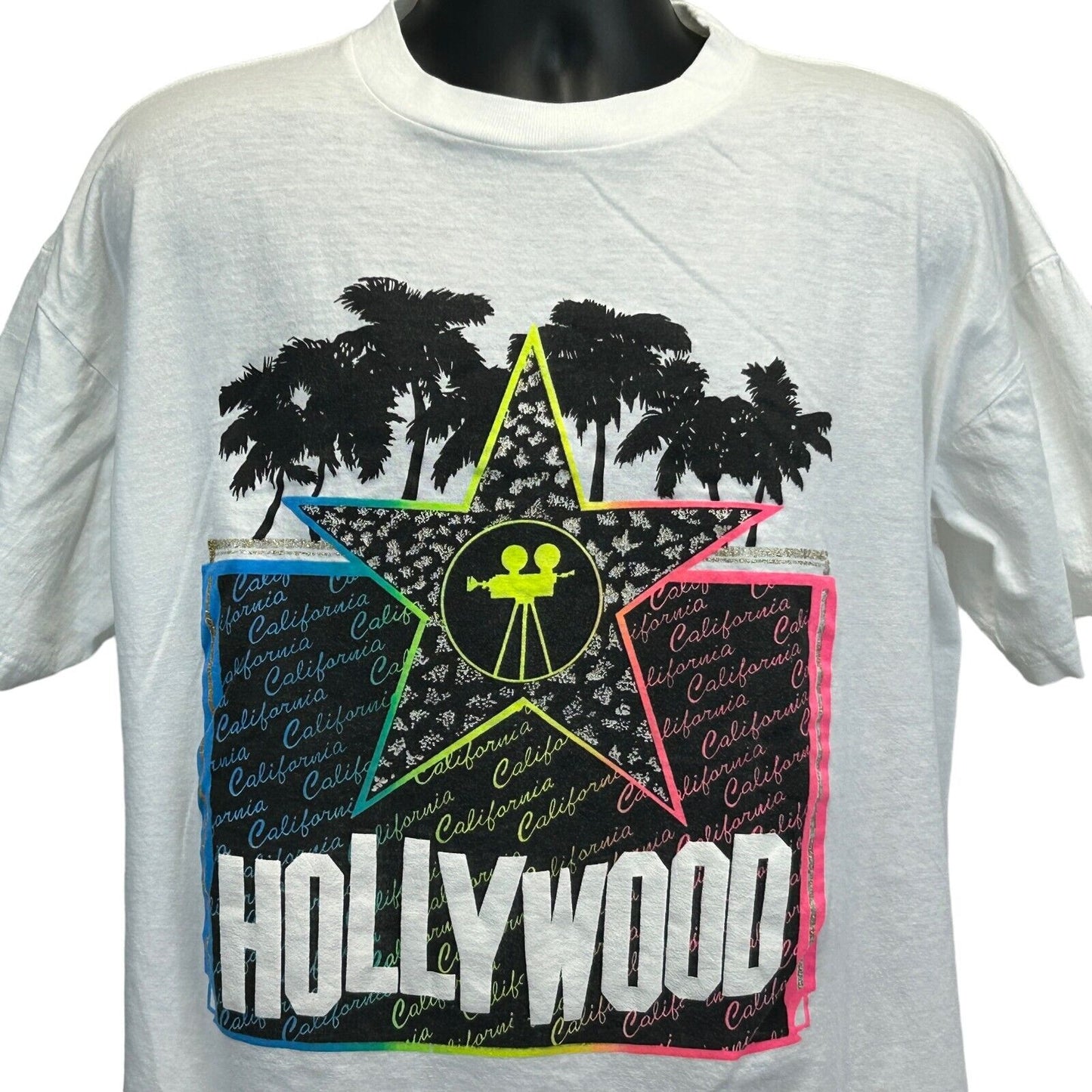 Big Bear Hollywood California T-Shirt in White with Colorful Star and Palm Tree Design, Front View