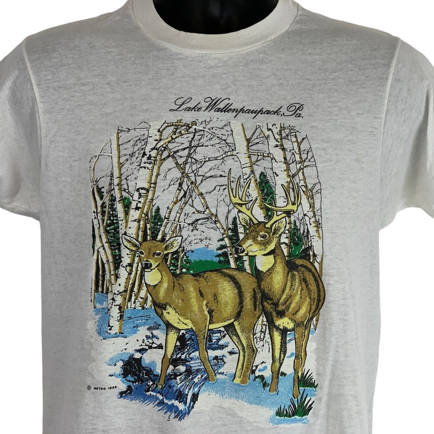 Vintage Lake Wallenpaupack Pennsylvania T Shirt Mens Small White 80s Deer Nature - Neon Vintage