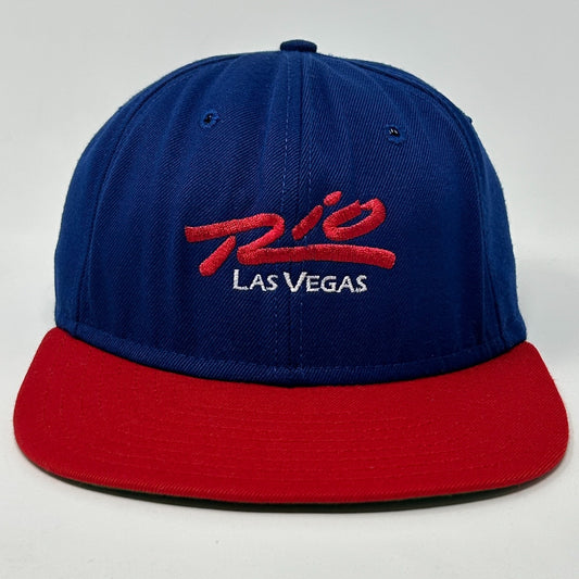 Front view of a vintage Las Vegas hat in blue and red featuring embroidered logo