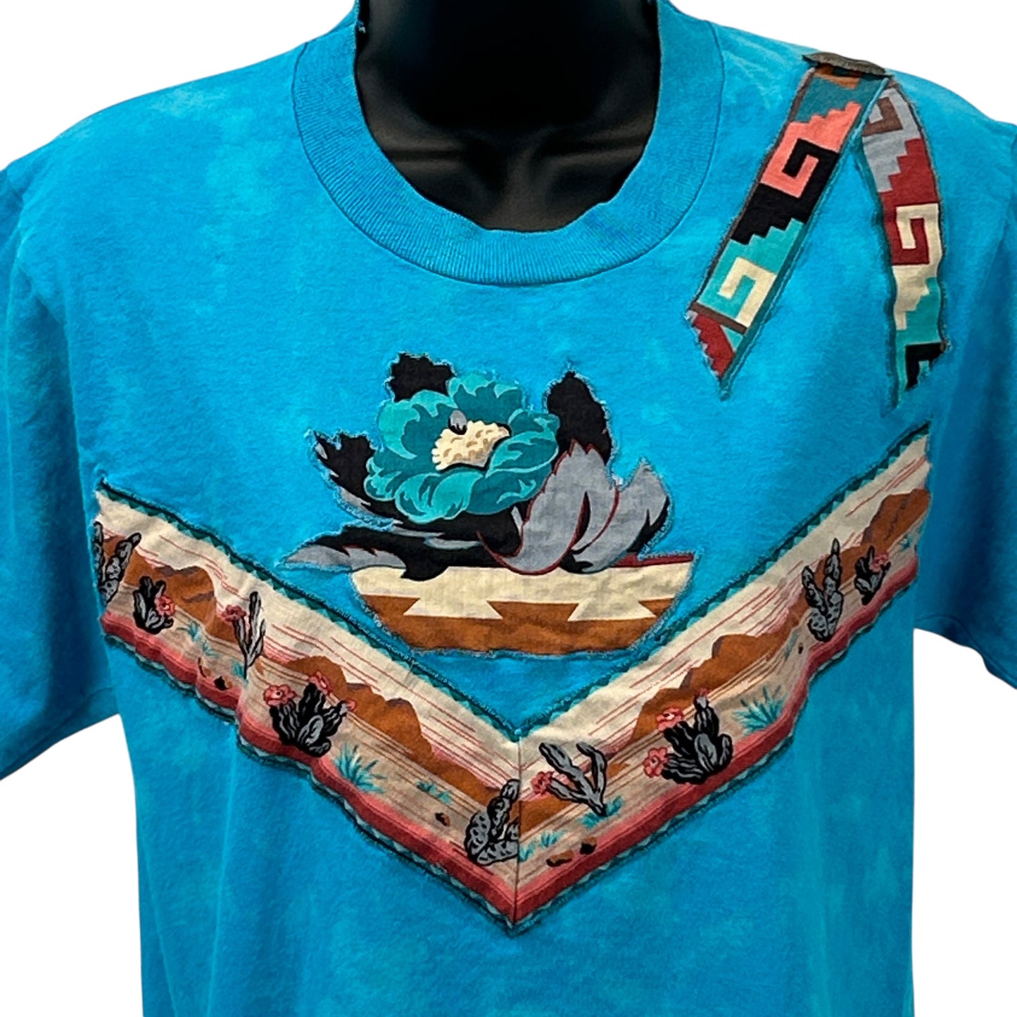 Fruit of the Loom Native American Inspired T-Shirt in Teal with Floral and Geometric Detailing on Front