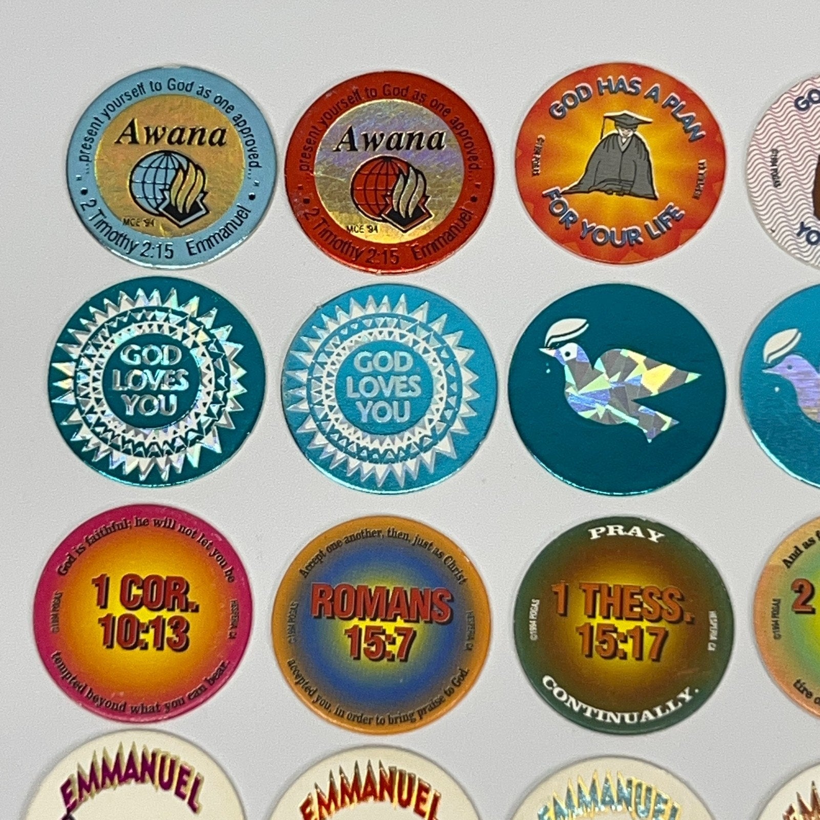 POG vintage cardboard discs in assorted colors and designs, featuring inspirational messages, vintage