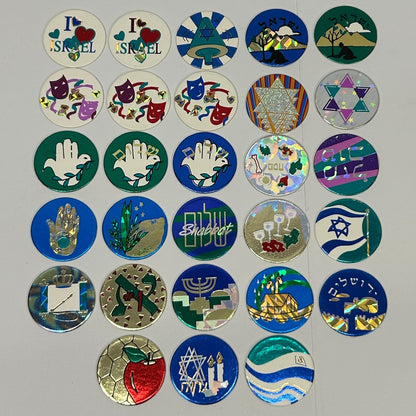 Collection of Vintage Pogs featuring colorful designs, symbols, and logos in various sizes