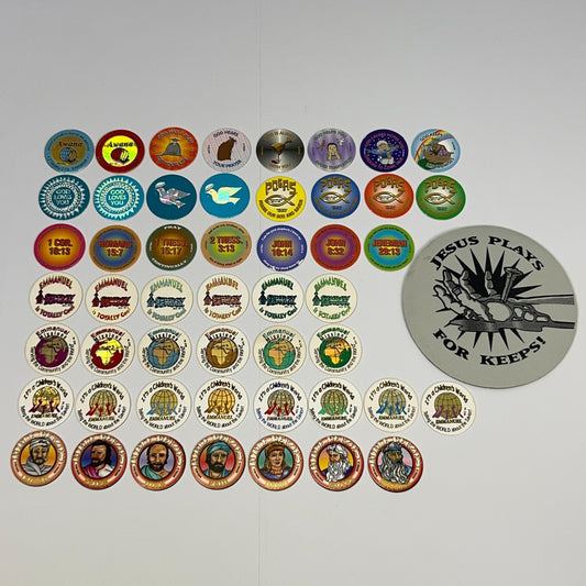 POG vintage pogs collection with colorful designs and various characters in a front view