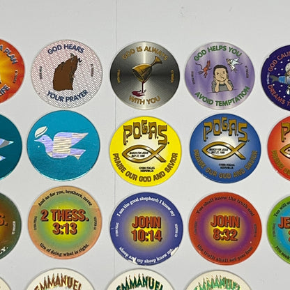 POG vintage pogs in various colors and designs arranged on a wall