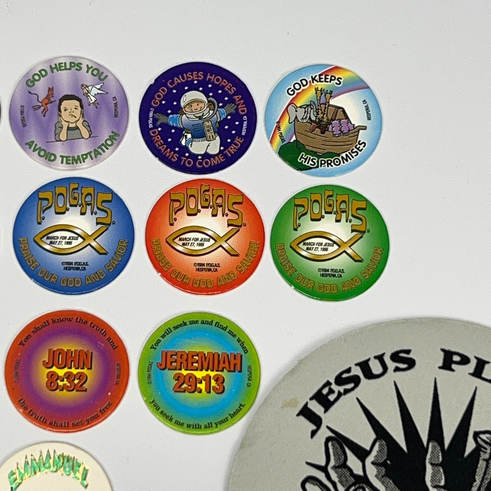 POG vintage pogs in various colors with inspirational designs, front view, vintage