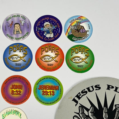 POG vintage pogs in various colors with inspirational designs, front view, vintage