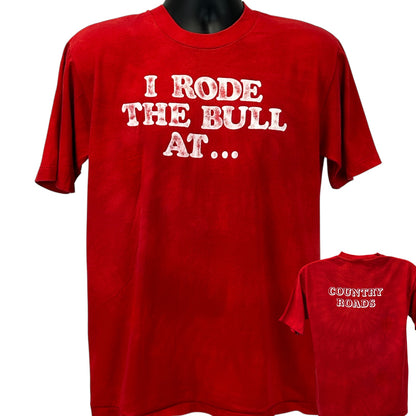 Red Vintage T-Shirt with 'I Rode the Bull at...' slogan, featuring a relaxed fit and short sleeves