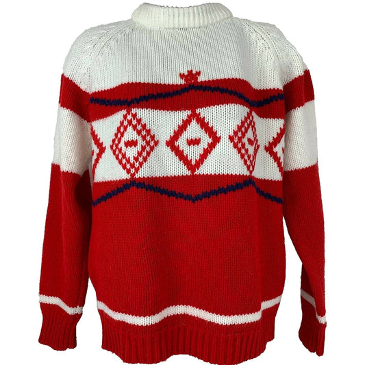 Vintage red and white knitted sweater with geometric patterns, featuring a relaxed fit and ribbed hem