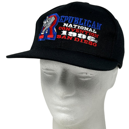 Front view of a black Vintage Republican hat featuring embroidered text from the 1996 National Convention in San Diego