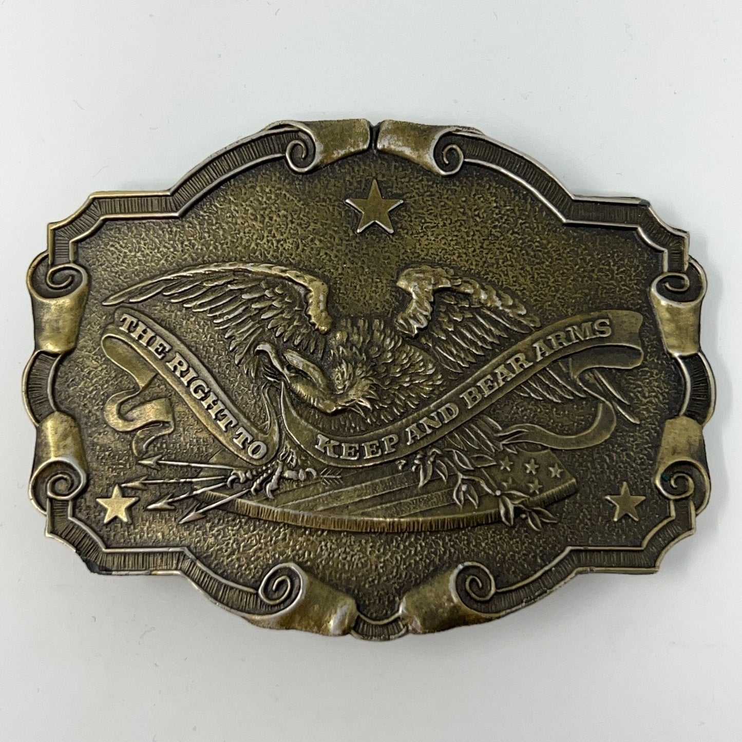 Gander Mountain antique bronze belt buckle featuring an eagle and the phrase Right To Bear Arms