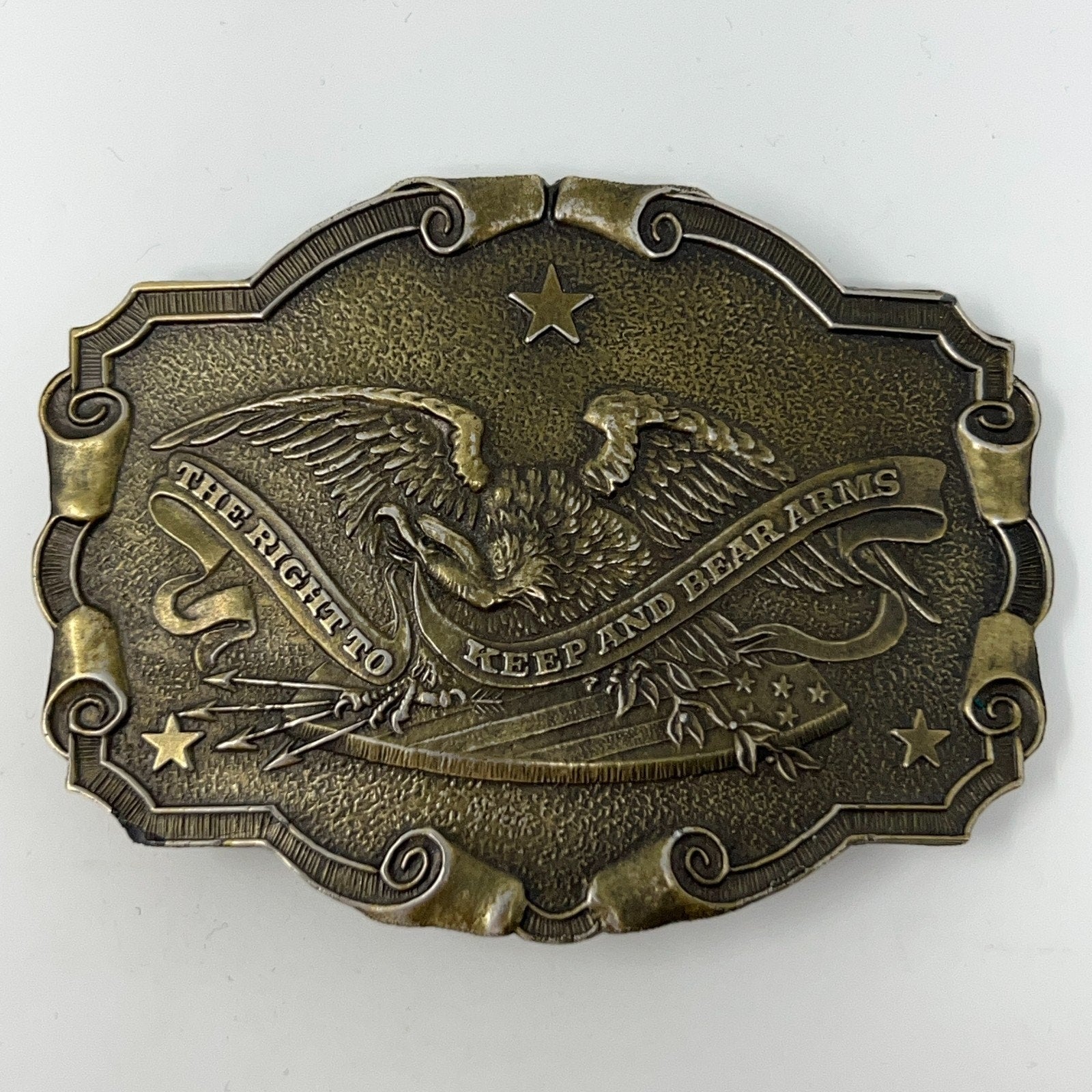Gander Mountain antique bronze belt buckle featuring an eagle and the phrase Right To Bear Arms