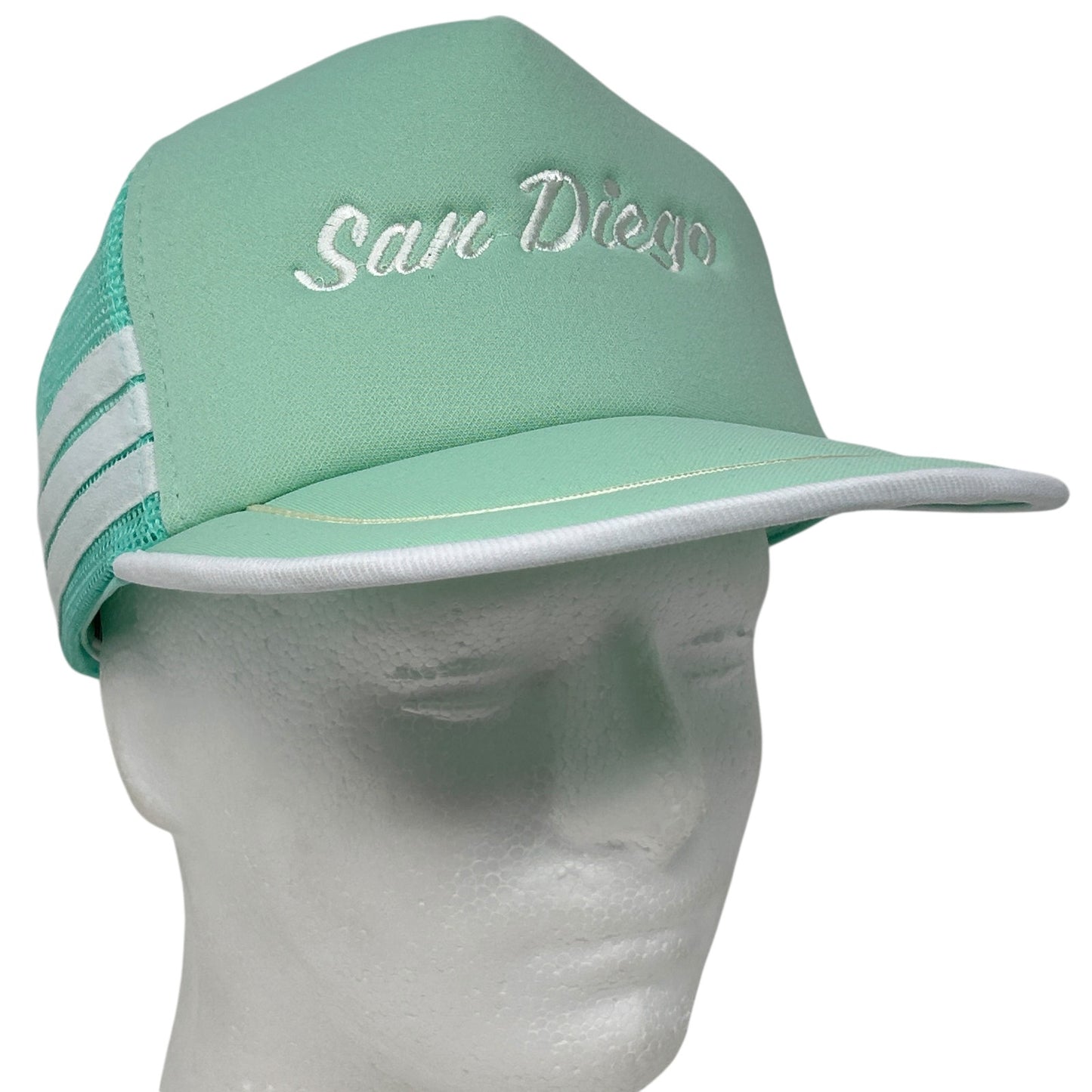 Mint Green Vintage Hat with San Diego Embroidery and White Stripes on the Side