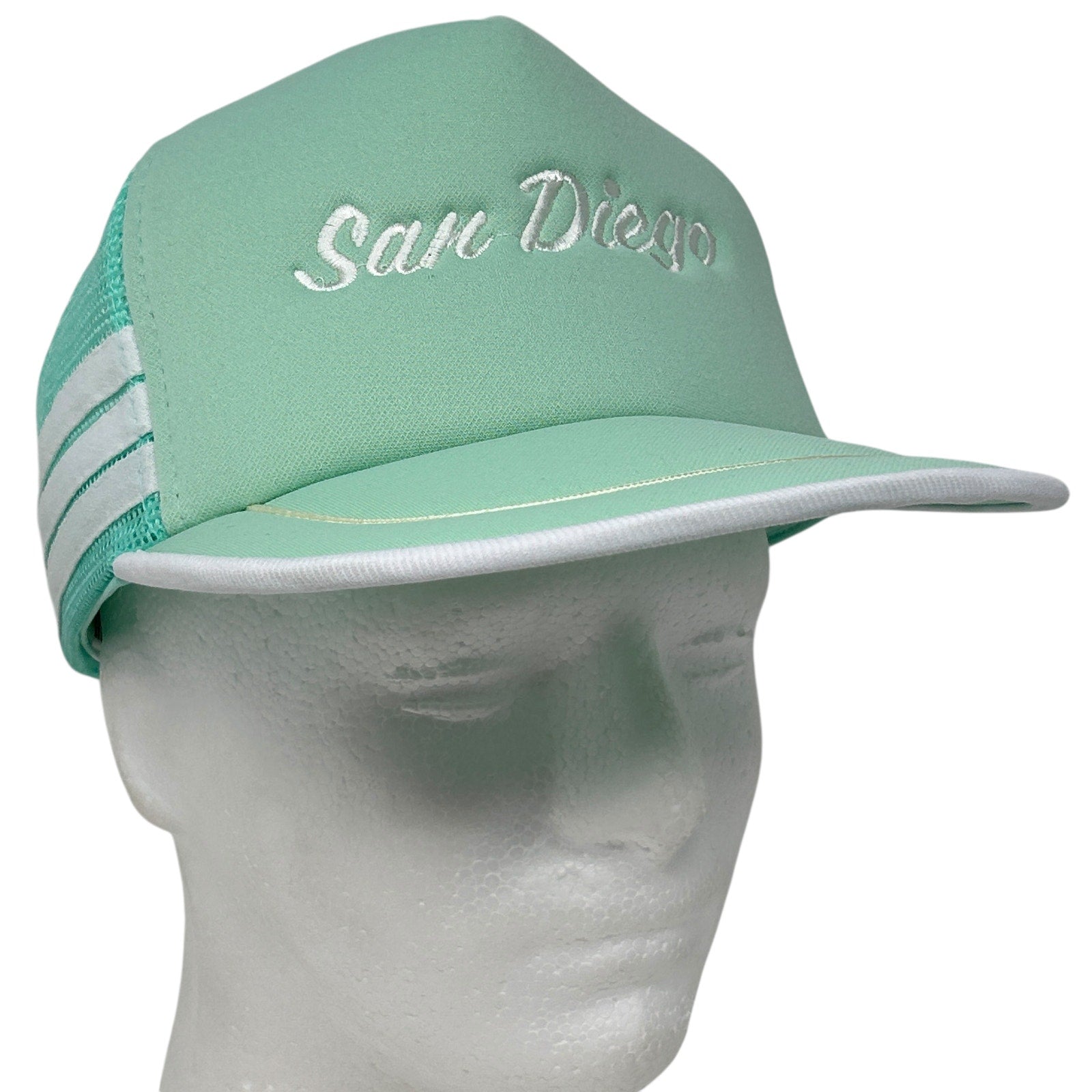 Mint Green Vintage Hat with San Diego Embroidery and White Stripes on the Side