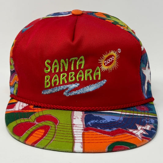 Vintage red Santa Barbara cap with colorful patterns and 2000 embroidery on the front