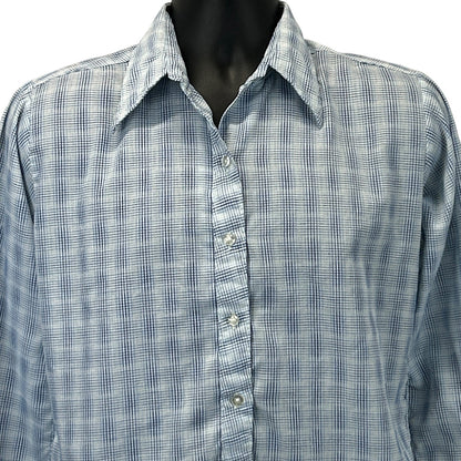 Vintage Shirt in blue plaid pattern, front view with button-down collar and long sleeves