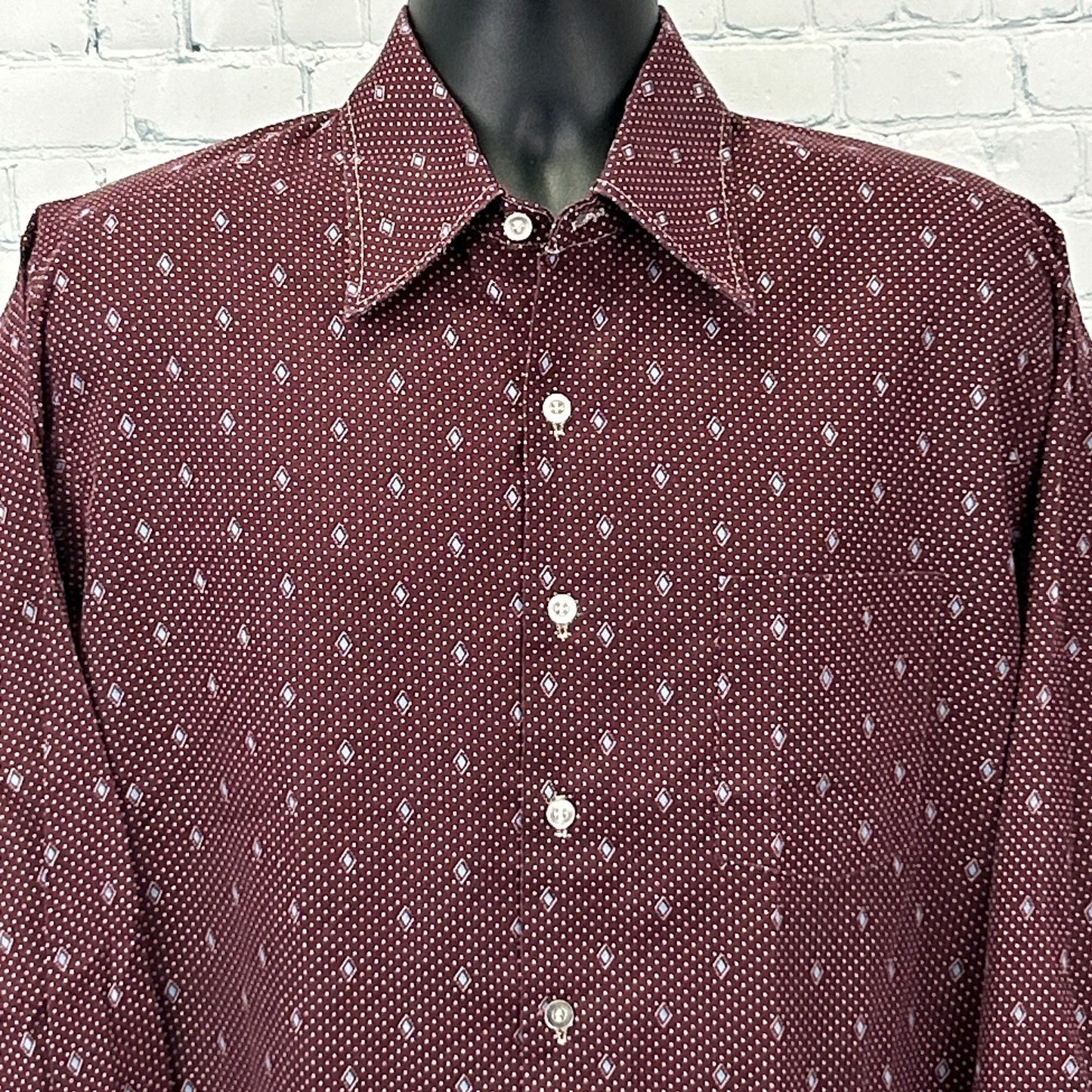 Front view of a maroon Vintage Shirt with white diamond patterns and a classic collar.