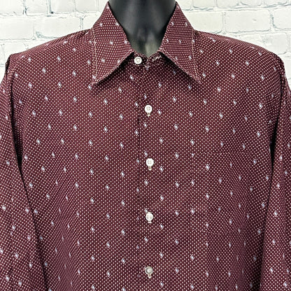 Front view of a maroon Vintage Shirt with white diamond patterns and a classic collar.