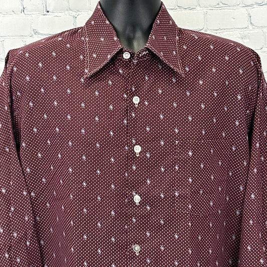 Front view of a maroon Vintage Shirt with white diamond patterns and a classic collar.