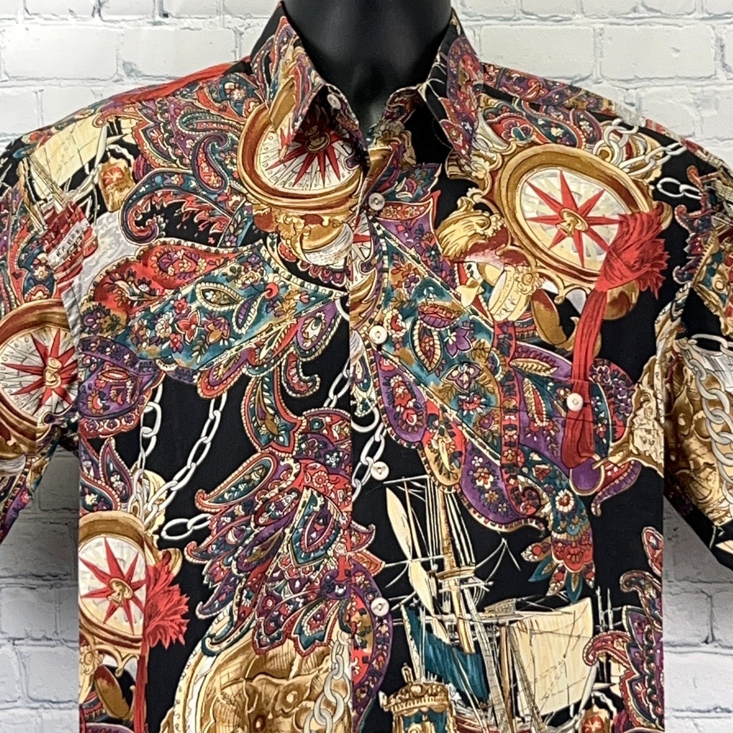 Burma Bibas Vintage Shirt in Black with Colorful Nautical Patterns and Short Sleeves, Front View