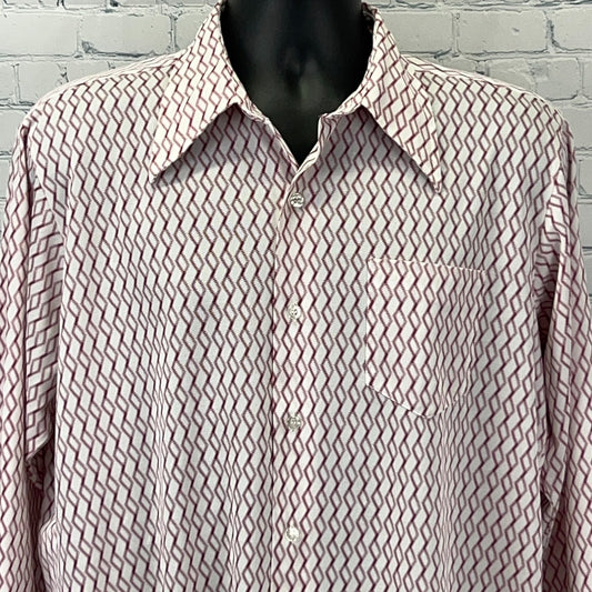 Vintage Shirt in white and maroon geometric pattern, front view with single chest pocket