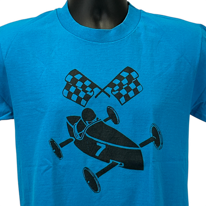 Blue Hanes T-Shirt featuring Soap Box Derby graphic with racing flags, front view, unisex sizing