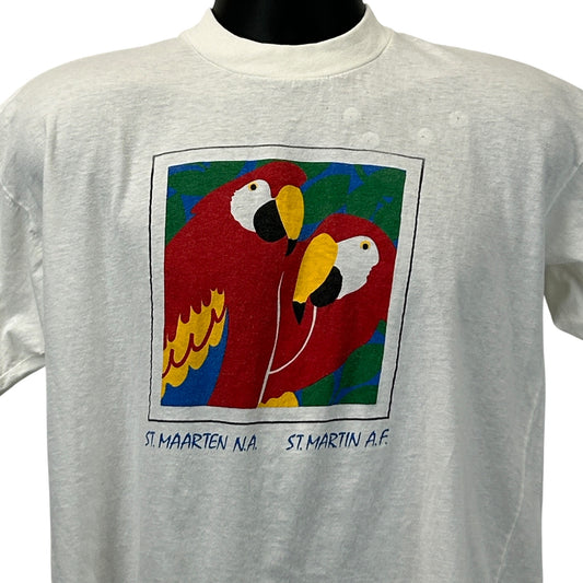 Vintage white T-shirt featuring colorful St Maarten parrots graphic design on the front