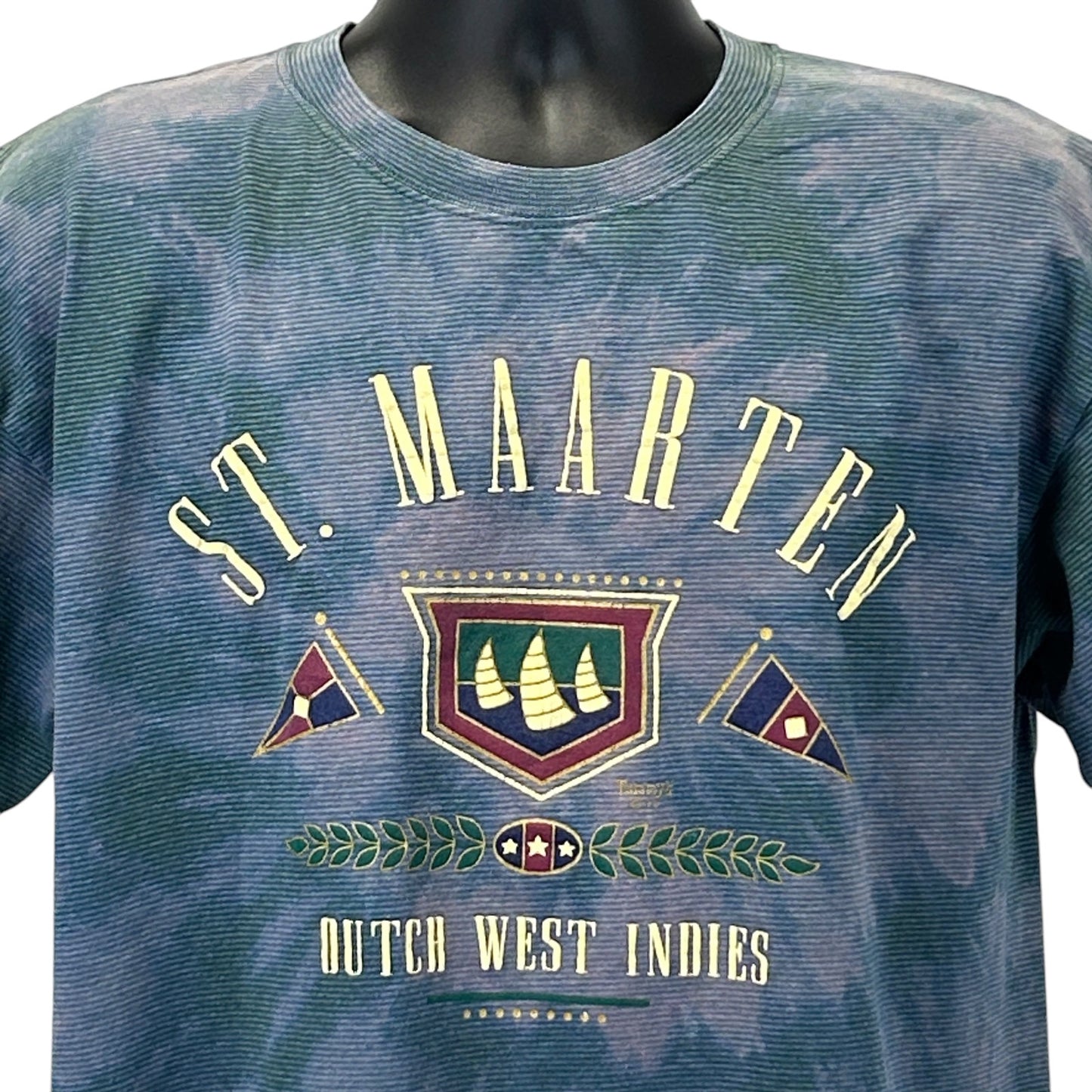 Vintage St Maarten T-Shirt in blue with a colorful graphic logo on the front