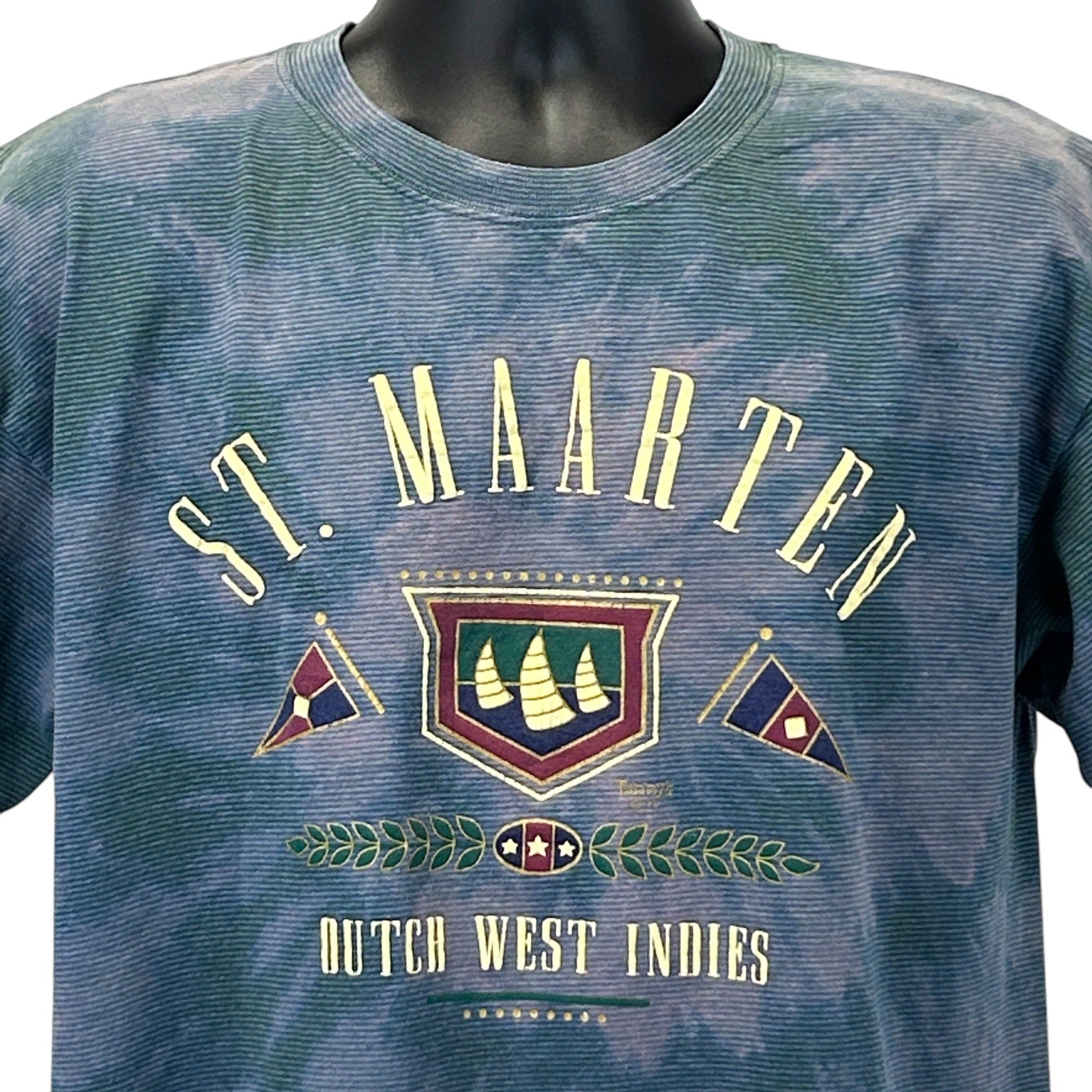 Vintage St Maarten T-Shirt in blue with a colorful graphic logo on the front