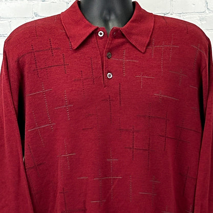 St. Croix Vintage Sweater in deep red with a textured pattern, featuring a collar and button placket, front view.