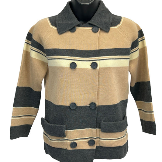 Joyce Vintage Sweater in tan and gray with striped design, front view showing buttons and pockets