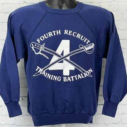 Vintage sweatshirt from the 1980s in navy blue size large, front view with Fourth Recruit Training Battalion graphic