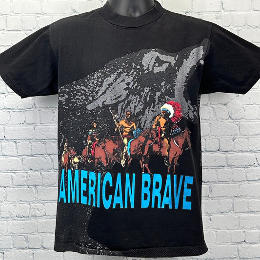 Vintage T Shirt in black with a bold graphic of Native American riders and the text American Brave on the front