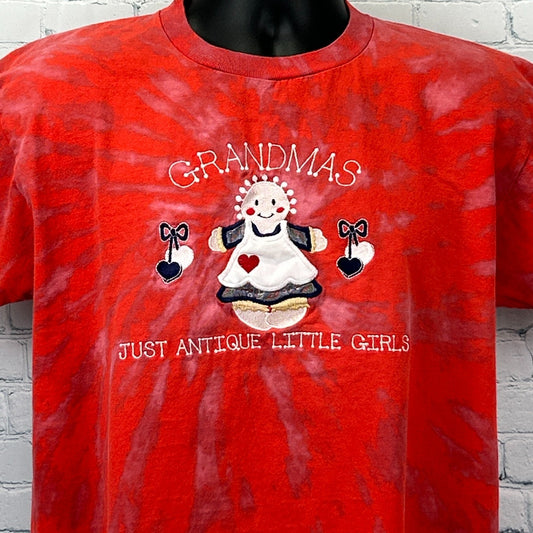 Vintage T Shirt in red with tie-dye pattern featuring a cute grandma graphic on the front