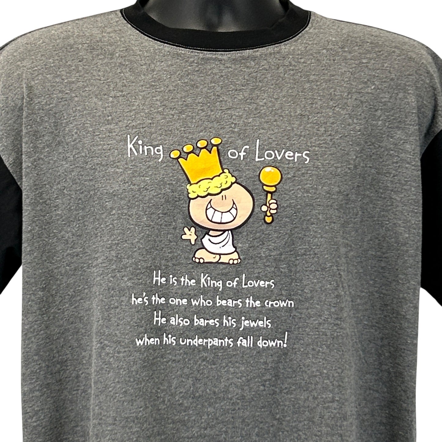 Vintage T Shirt in gray with black sleeves, featuring a fun cartoon graphic and playful text on the front