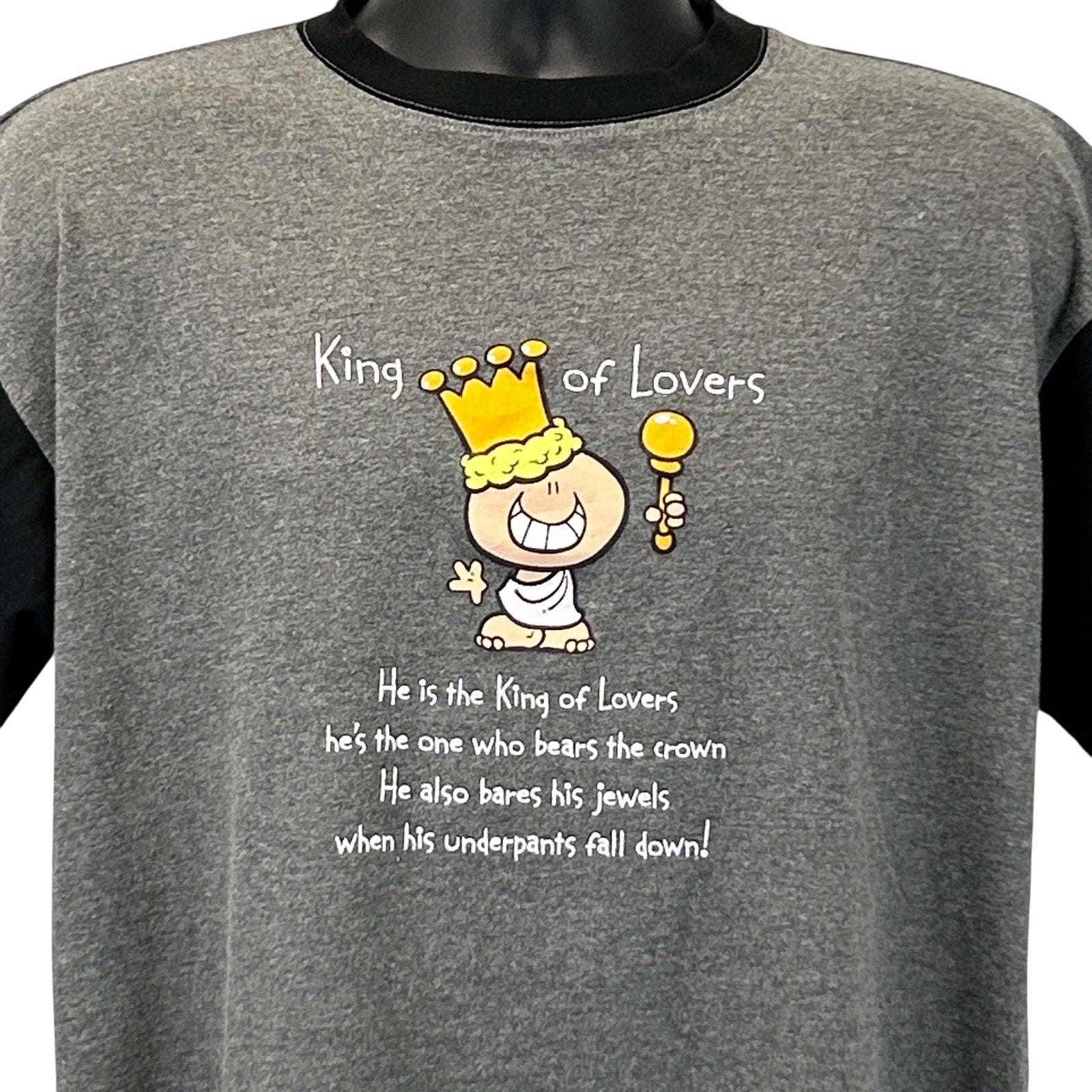 Vintage T Shirt in gray with black sleeves, featuring a fun cartoon graphic and playful text on the front
