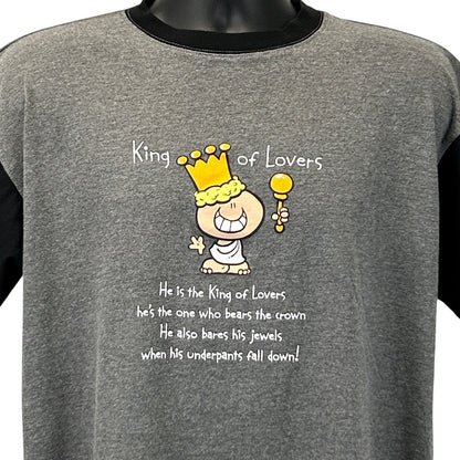 Vintage T Shirt in gray with black sleeves, featuring a fun cartoon graphic and playful text on the front