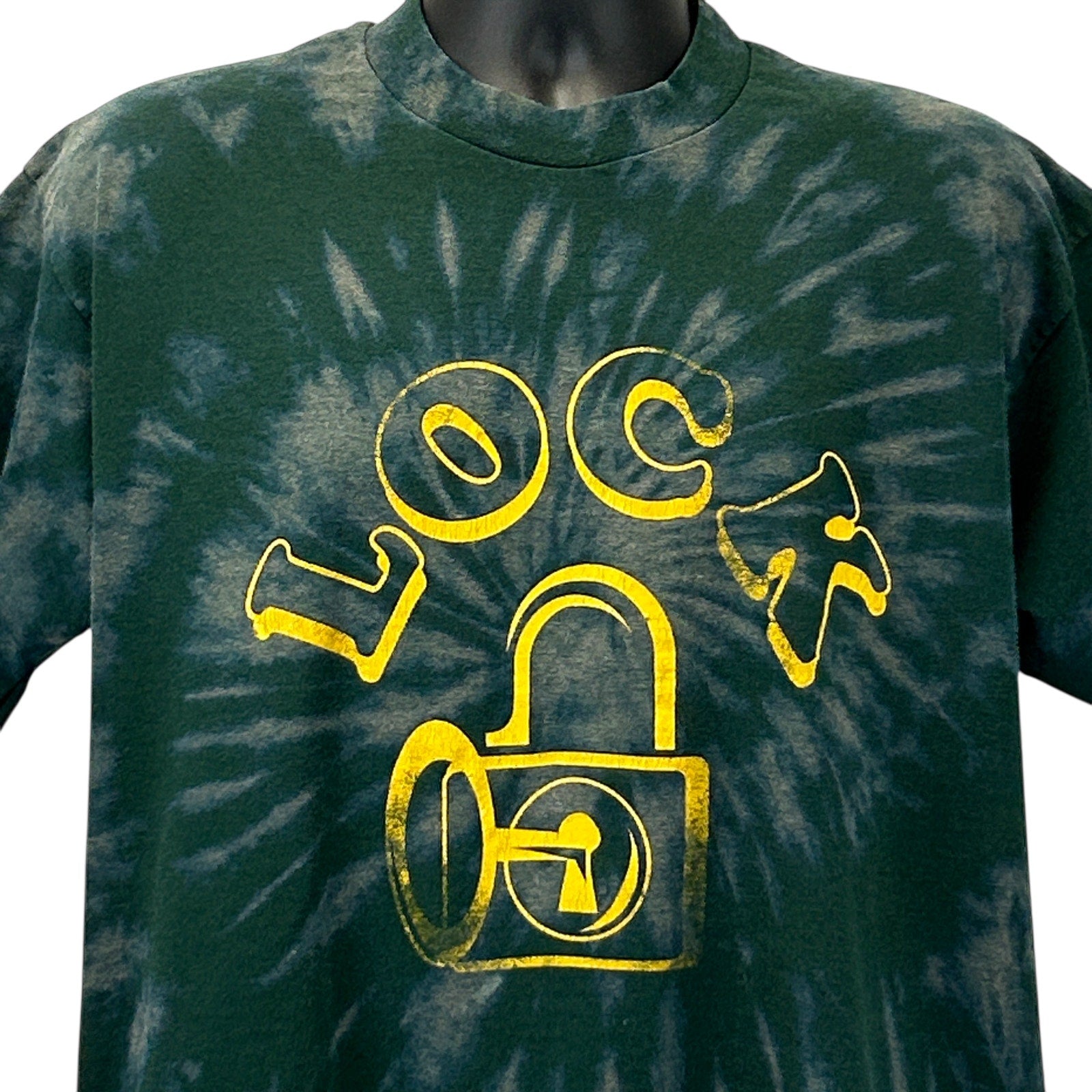 Fruit of the Loom Vintage T Shirt in dark green tie-dye with bold yellow lock graphic on the front