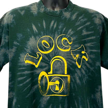 Fruit of the Loom Vintage T Shirt in dark green tie-dye with bold yellow lock graphic on the front