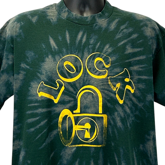 Fruit of the Loom Vintage T Shirt in dark green tie-dye with bold yellow lock graphic on the front