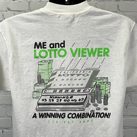 White Hanes vintage t shirt featuring a lottery ticket graphic with cash stacks, front view