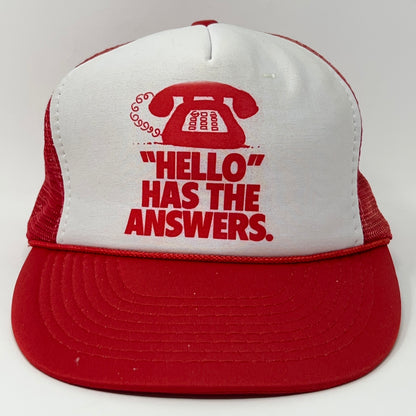 Nissin red and white hat with front telephone graphic and quote 'HELLO HAS THE ANSWERS'